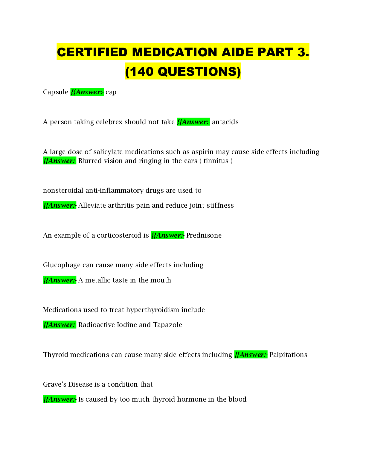 Preview image for CERTIFIED MEDICATION AIDE PART 3. (140 QUESTIONS 100% Answered